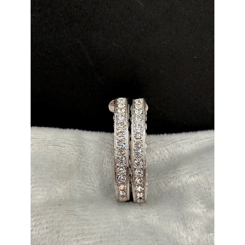 Vintage KJL Earrings Signed‎ Clip Ons Crystal Bling Hoops - Picture 2 of 7